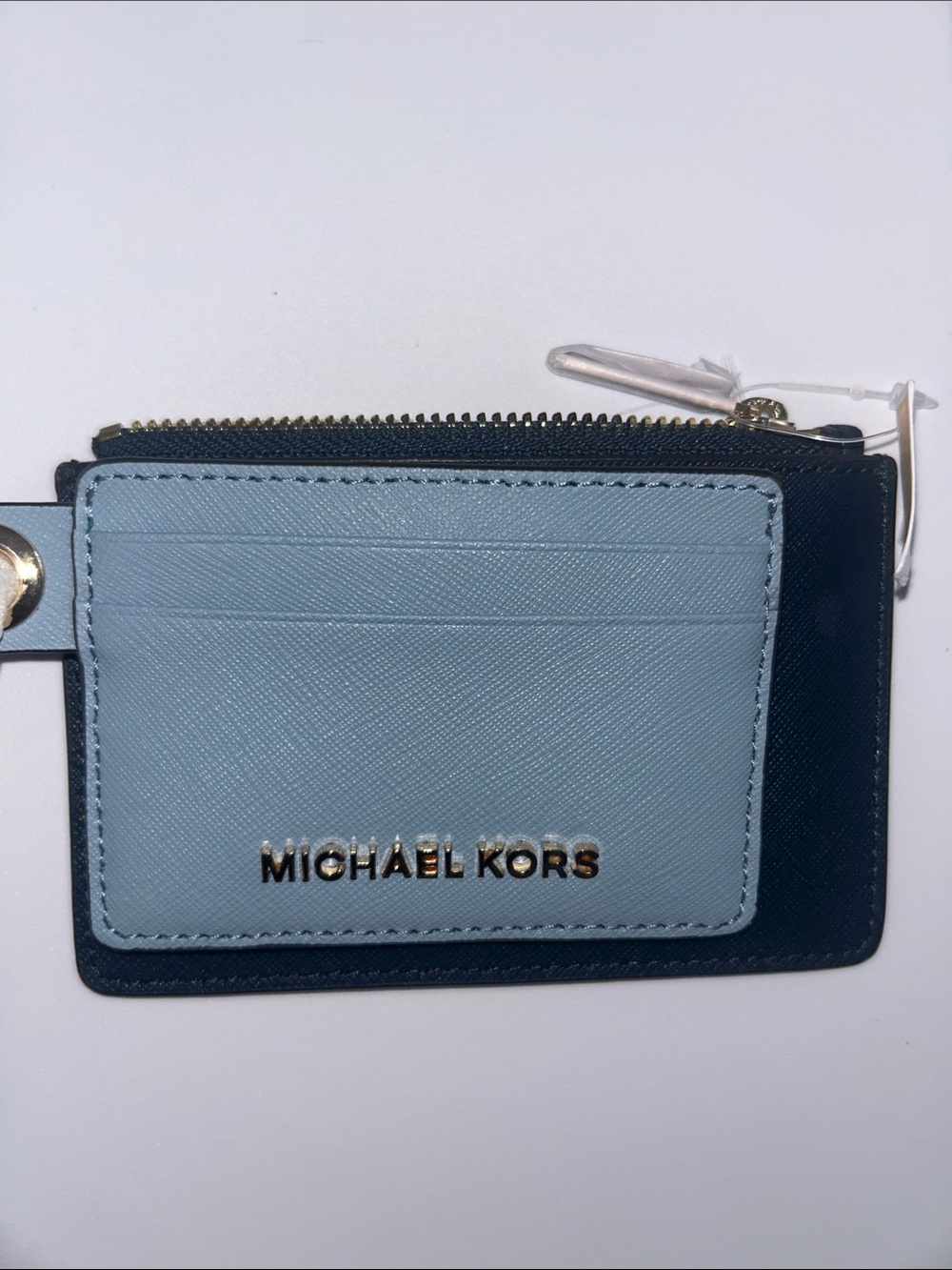 Michael Kors Light Blue and Navy Zip Card Holder with Gold Logo